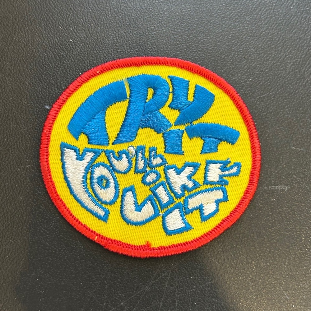 VINTAGE Try It Youll Like It Patch Unisex Yellow Blue Red Retro Novelty Biker